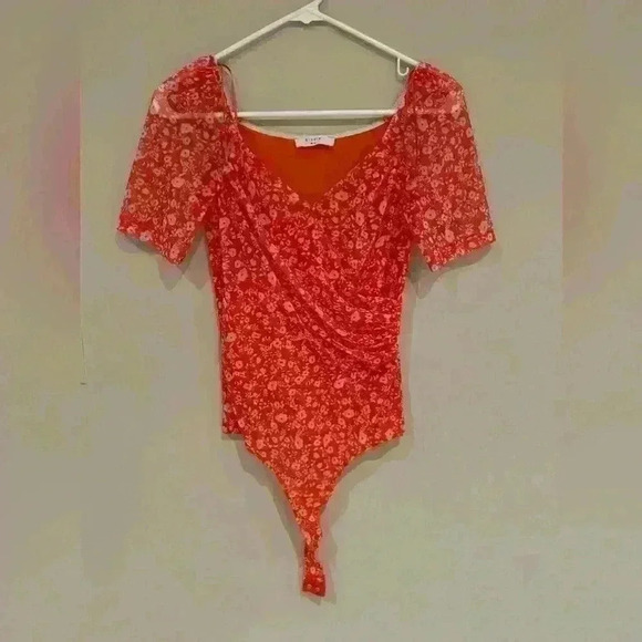 ELODIE Women's Mesh Short Sleeve Bodysuit Cross Front Fitted Top S - Picture 5 of 12